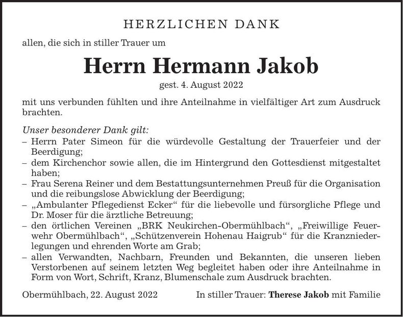 Traueranzeige Jakob Hermann
