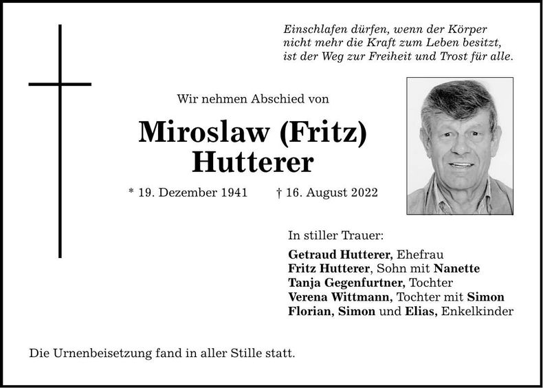 Traueranzeige Miroslav Hutterer