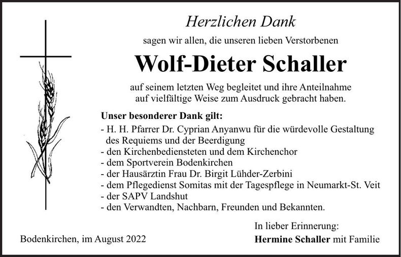 Traueranzeige Wolf-Dieter Schaller