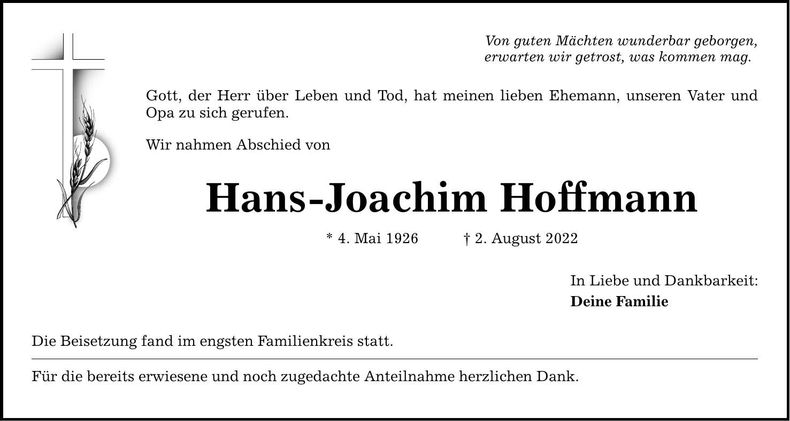 Traueranzeige Hans-Joachim Hoffmann