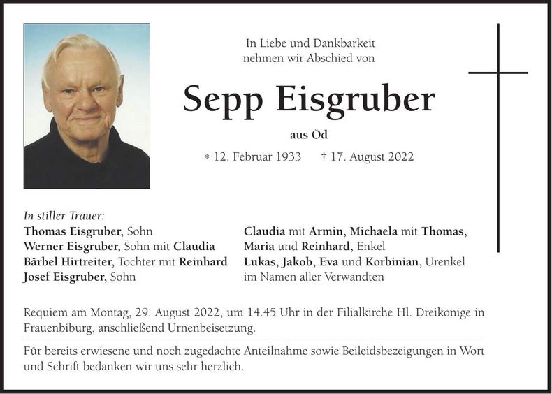Traueranzeige Sepp Eisgruber