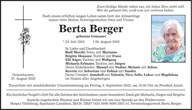 Traueranzeige Berta Berger
