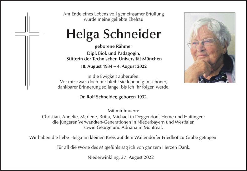 Traueranzeige Helga Schneider