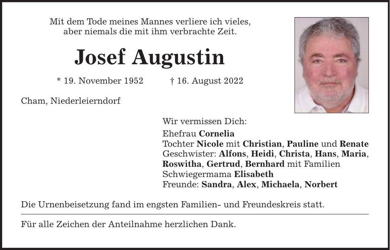 Traueranzeige Josef Augustin