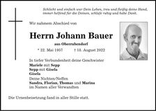 Traueranzeige Johann Bauer