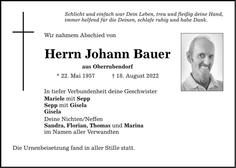 Traueranzeige Johann Bauer
