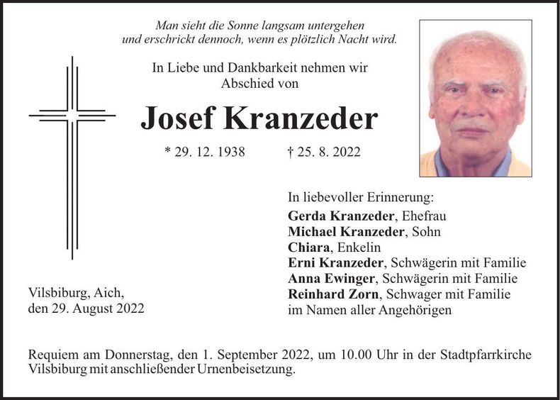 Traueranzeige Josef Kranzeder