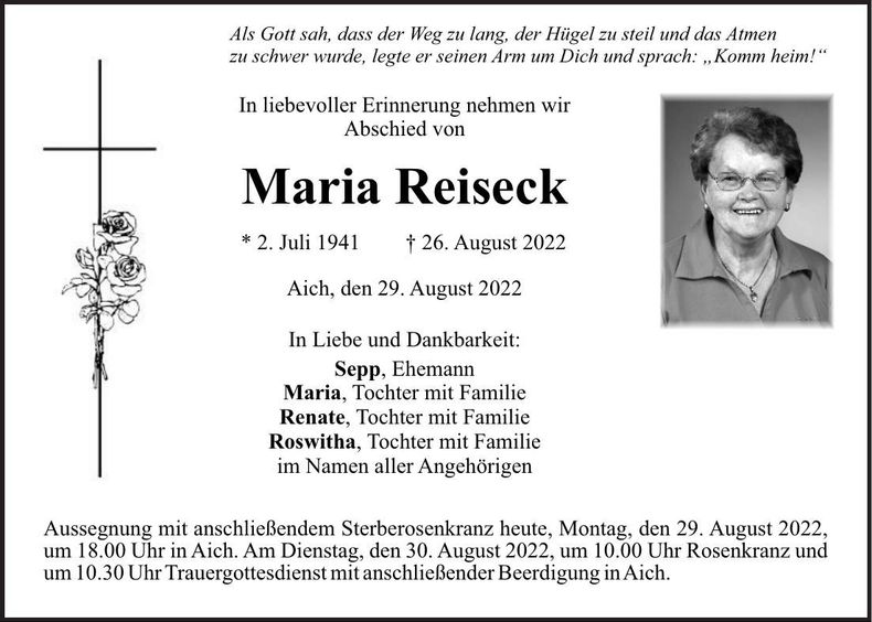 Traueranzeige Maria Reiseck