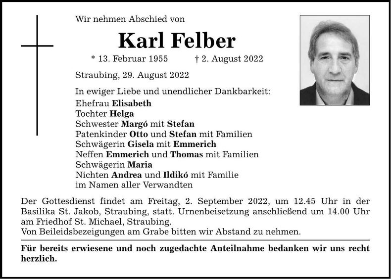 Traueranzeige Felber Karl