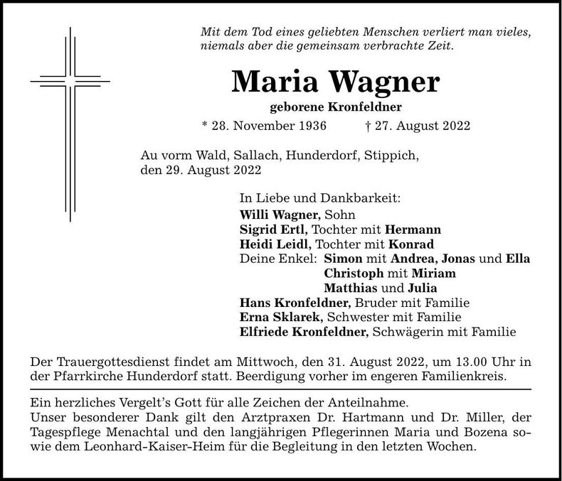 Traueranzeige Maria Wagner