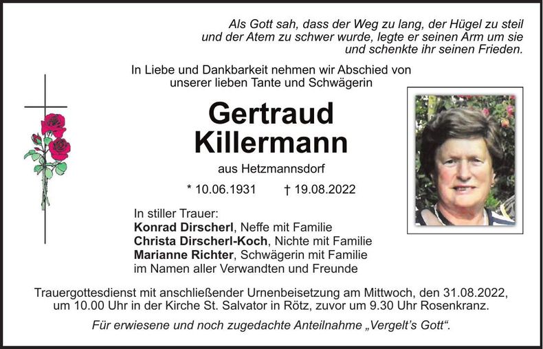 Traueranzeige Gertraud Killermann