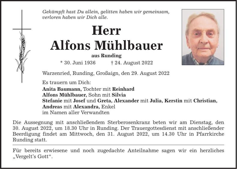 Traueranzeige Alfons Mühlbauer