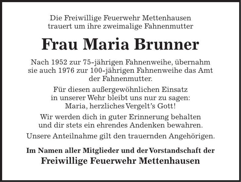 Traueranzeige Maria Brunner