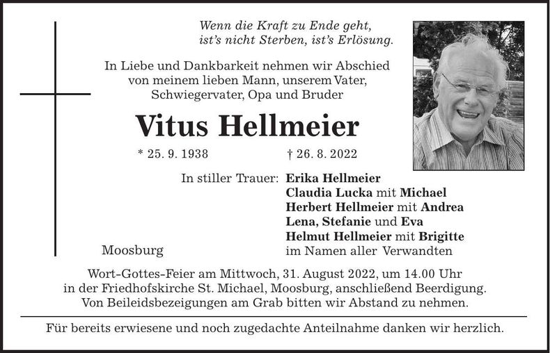 Traueranzeige Vitus Hellmeier