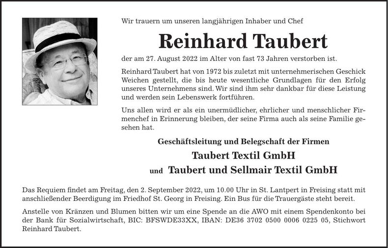 Traueranzeige Reinhard Taubert