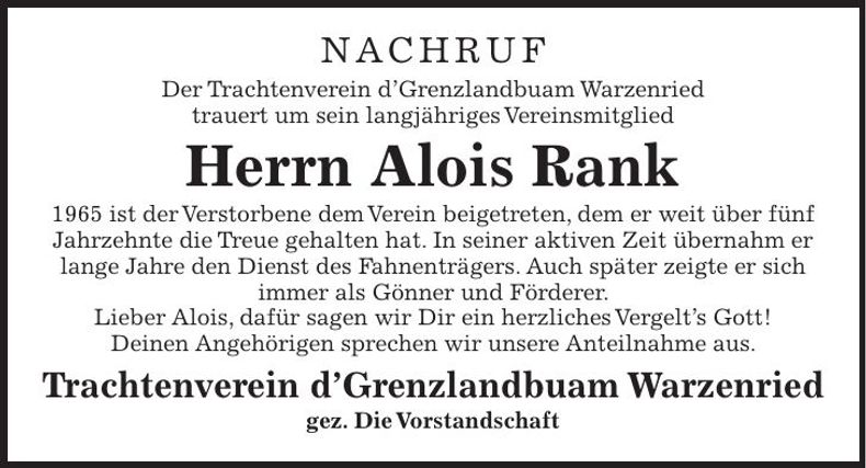 Traueranzeige Alois Rank