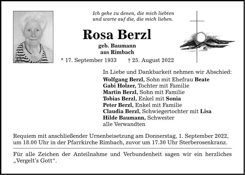 Traueranzeige Rosa Berzl