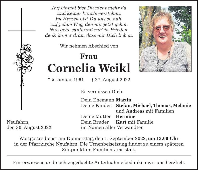 Traueranzeige Cornelia Weikl
