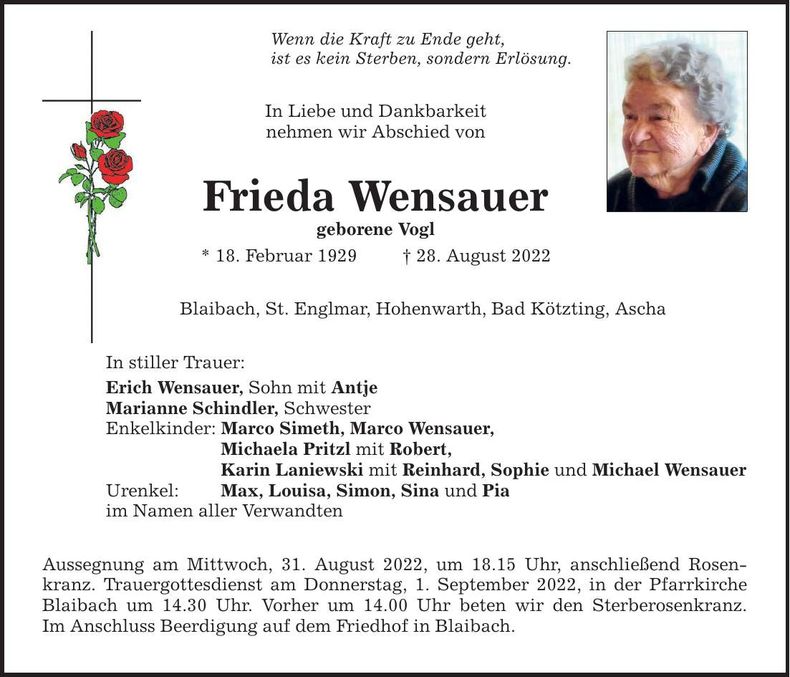 Traueranzeige Frieda Wensauer