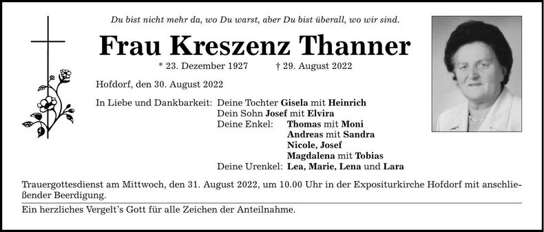 Traueranzeige Kreszenz Thanner