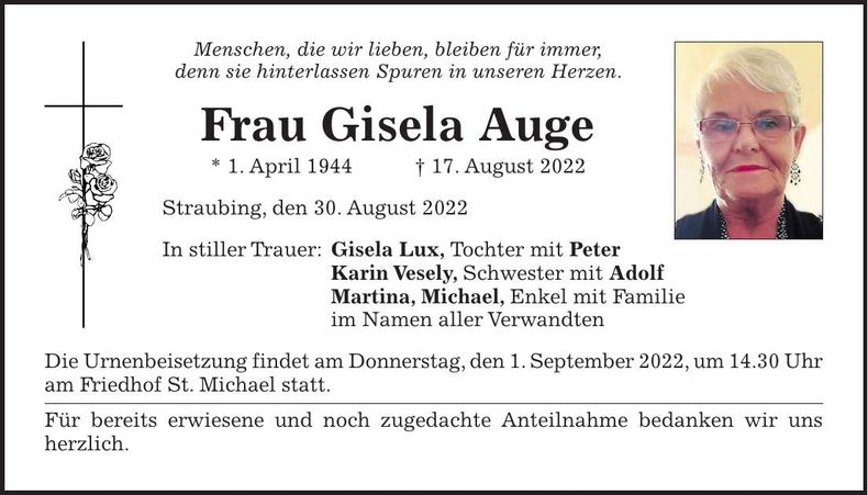Traueranzeige Gisela Auge