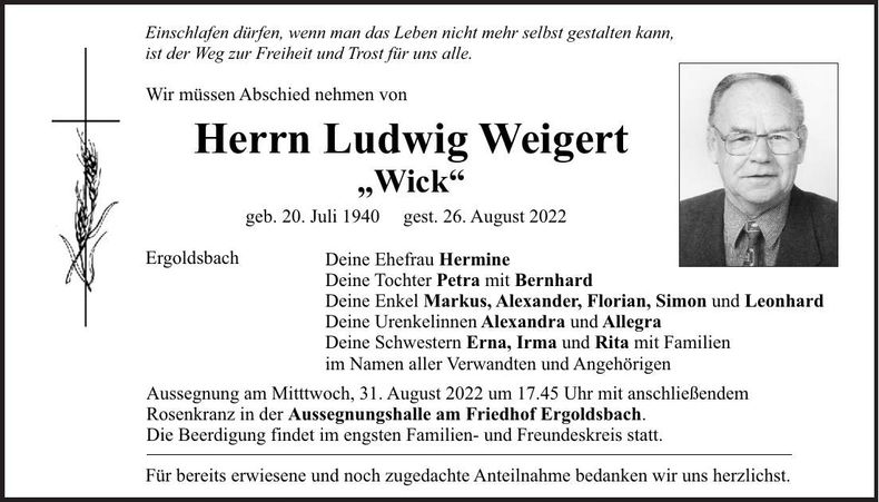 Traueranzeige Ludwig Weigert