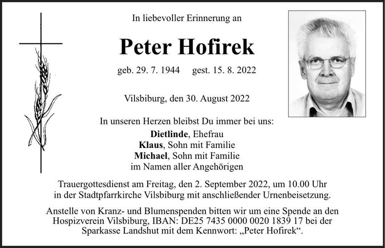 Traueranzeige Peter Hofirek