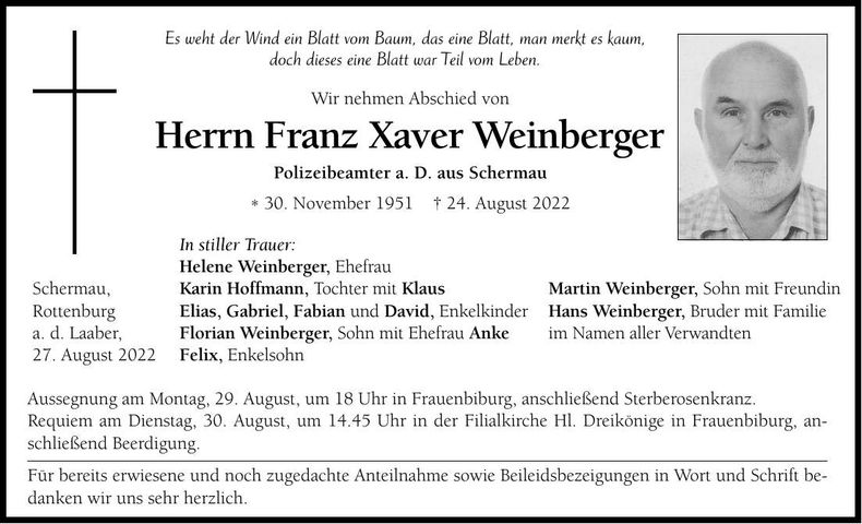 Traueranzeige Franz Xaver Weinberger
