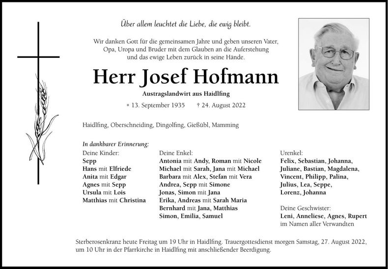 Traueranzeige Josef Hofmann