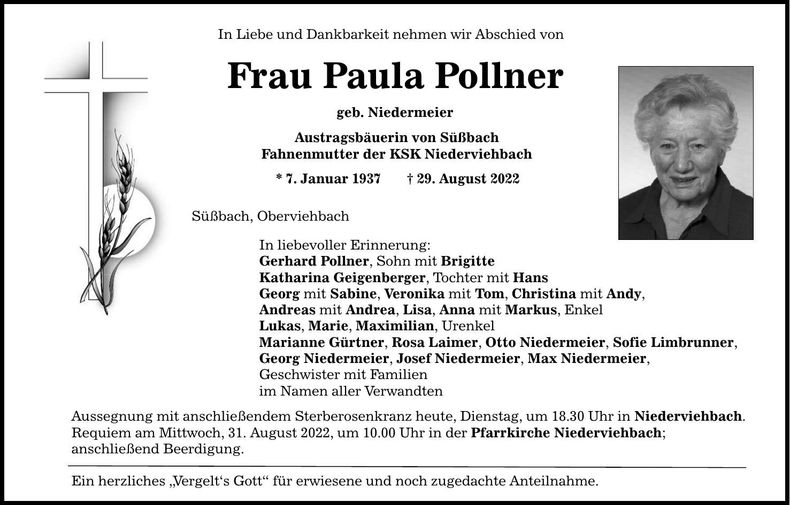 Traueranzeige Paula Pollner