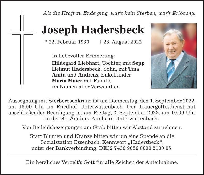 Traueranzeige Joseph Hadersbeck
