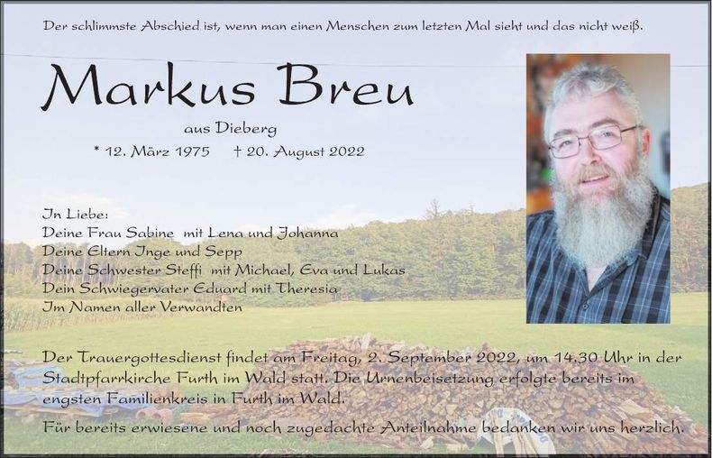 Traueranzeige Markus Breu