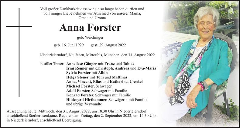 Traueranzeige Anna Forster
