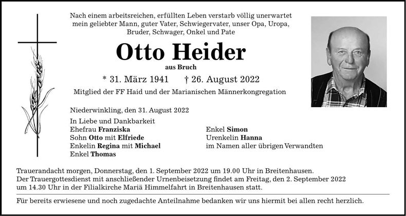 Traueranzeige Otto Heider