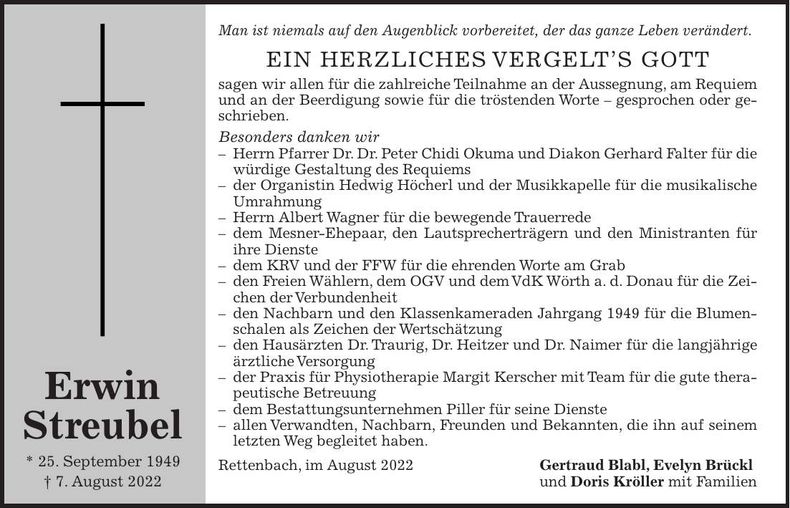 Traueranzeige Erwin Streubel