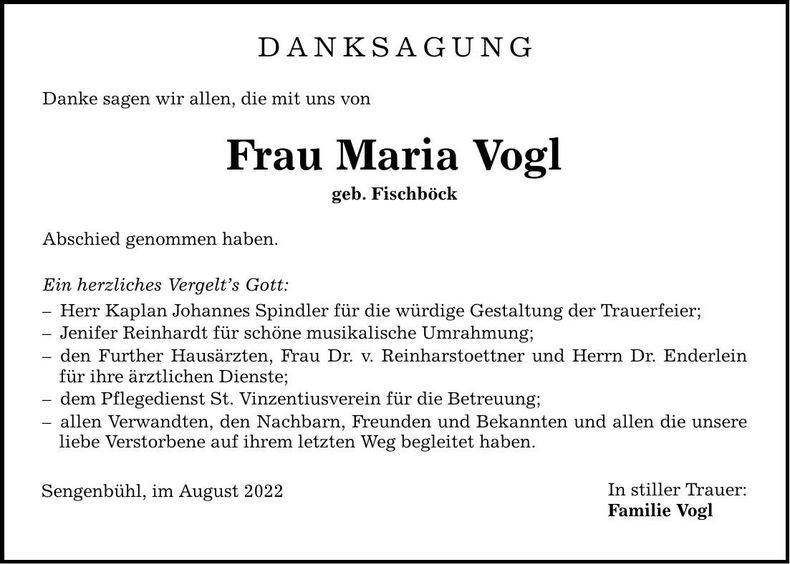 Traueranzeige Maria Vogl