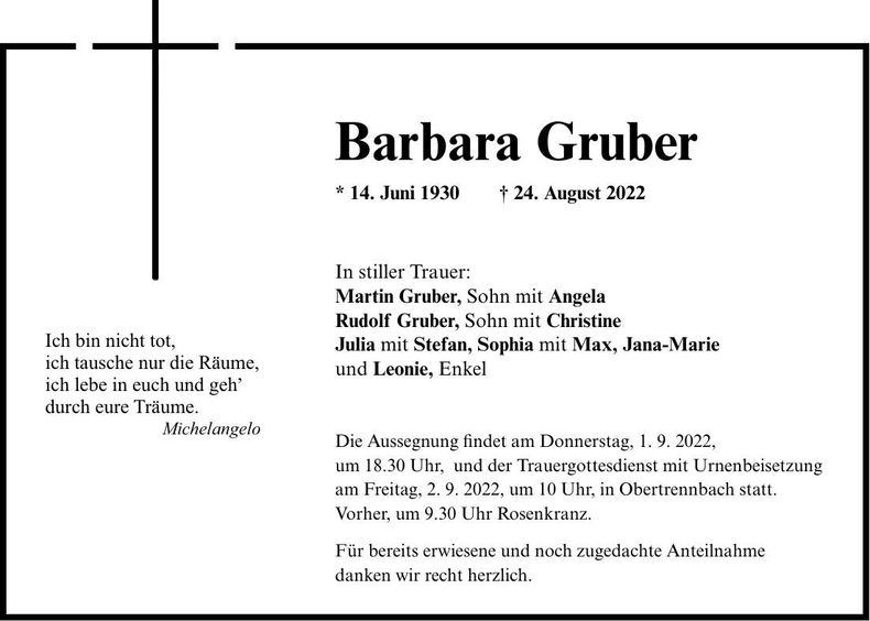 Traueranzeige Barbara Gruber
