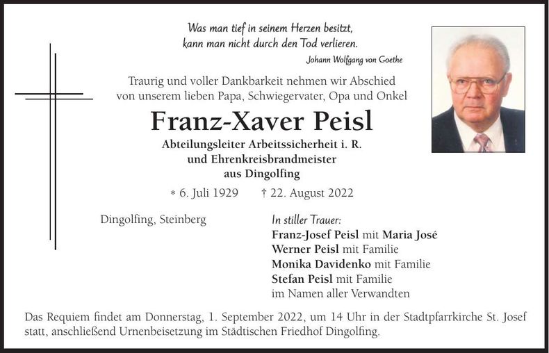 Traueranzeige Franz-Xaver Peisl