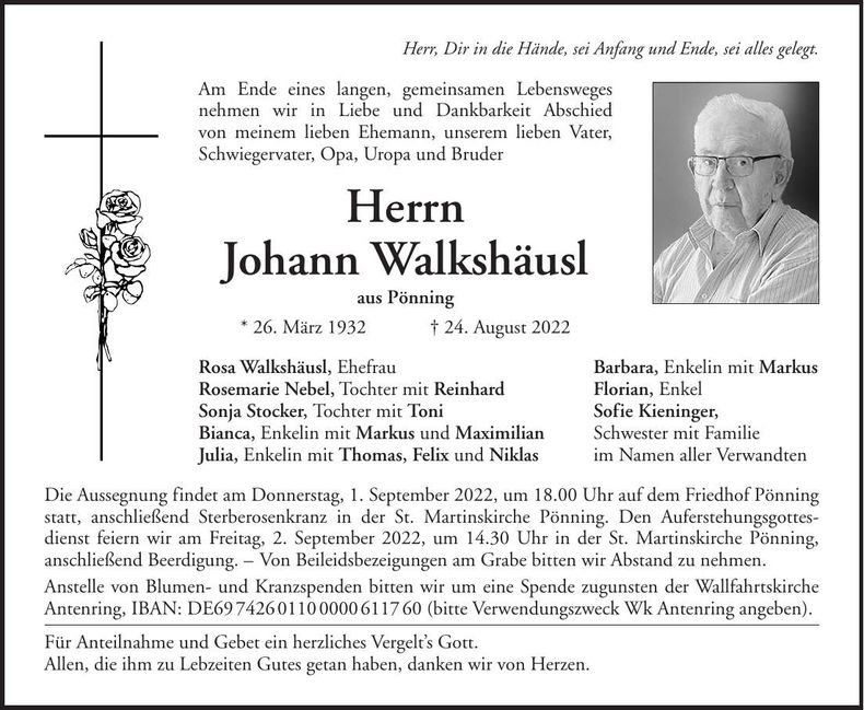 Traueranzeige Johann Walkshäusl