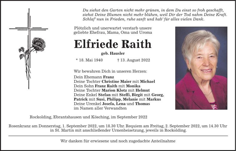 Traueranzeige Elfriede Raith