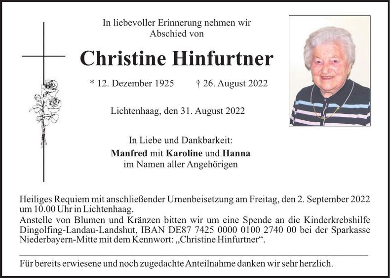 Traueranzeige Christine Hinfurtner