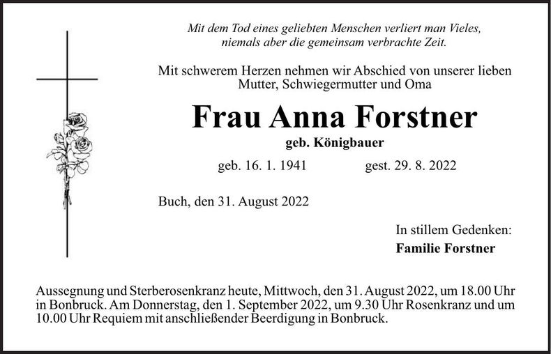 Traueranzeige Anna Forstner