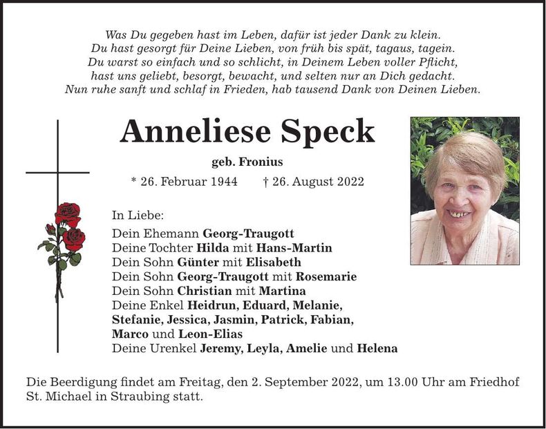 Traueranzeige Anneliese Speck