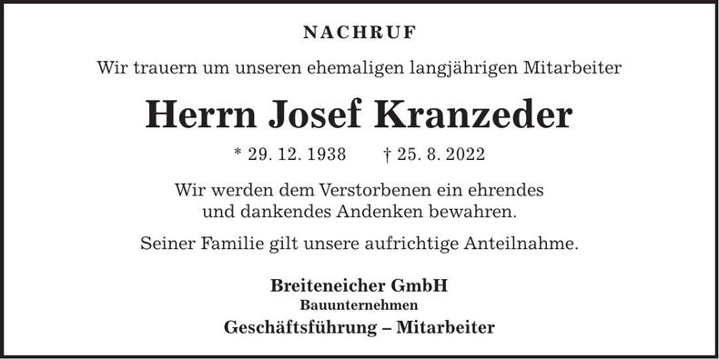 Traueranzeige Josef Klingl