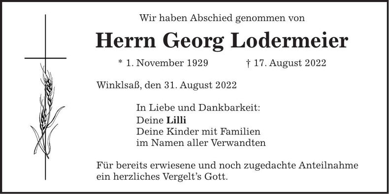 Traueranzeige Georg Lodermeier