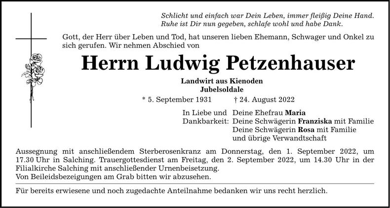 Traueranzeige Ludwig Petzenhauser