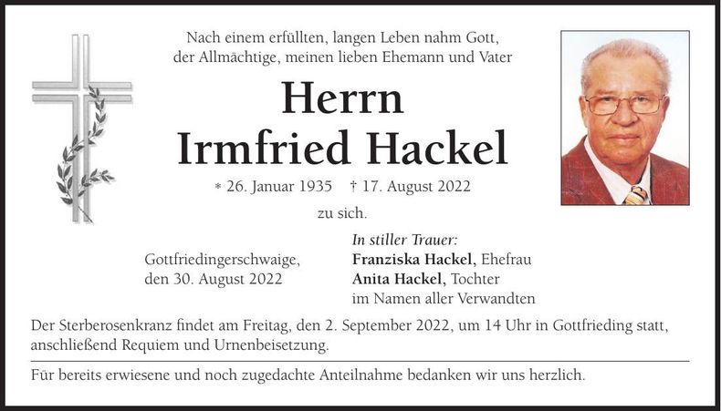 Traueranzeige Irmfried Hackel
