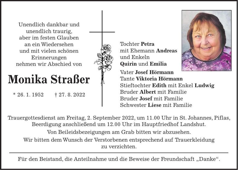 Traueranzeige Monika Straßer