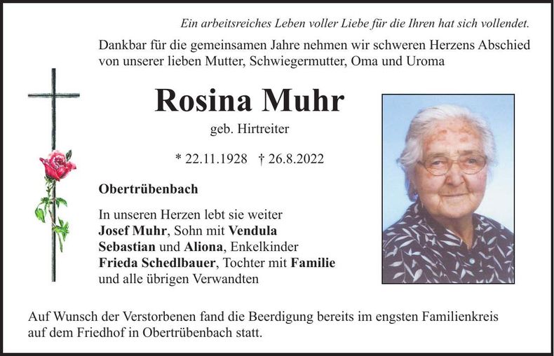 Traueranzeige Rosina Muhr