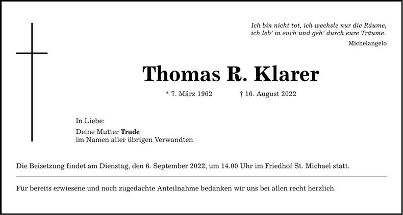 Traueranzeige Thomas Klarer